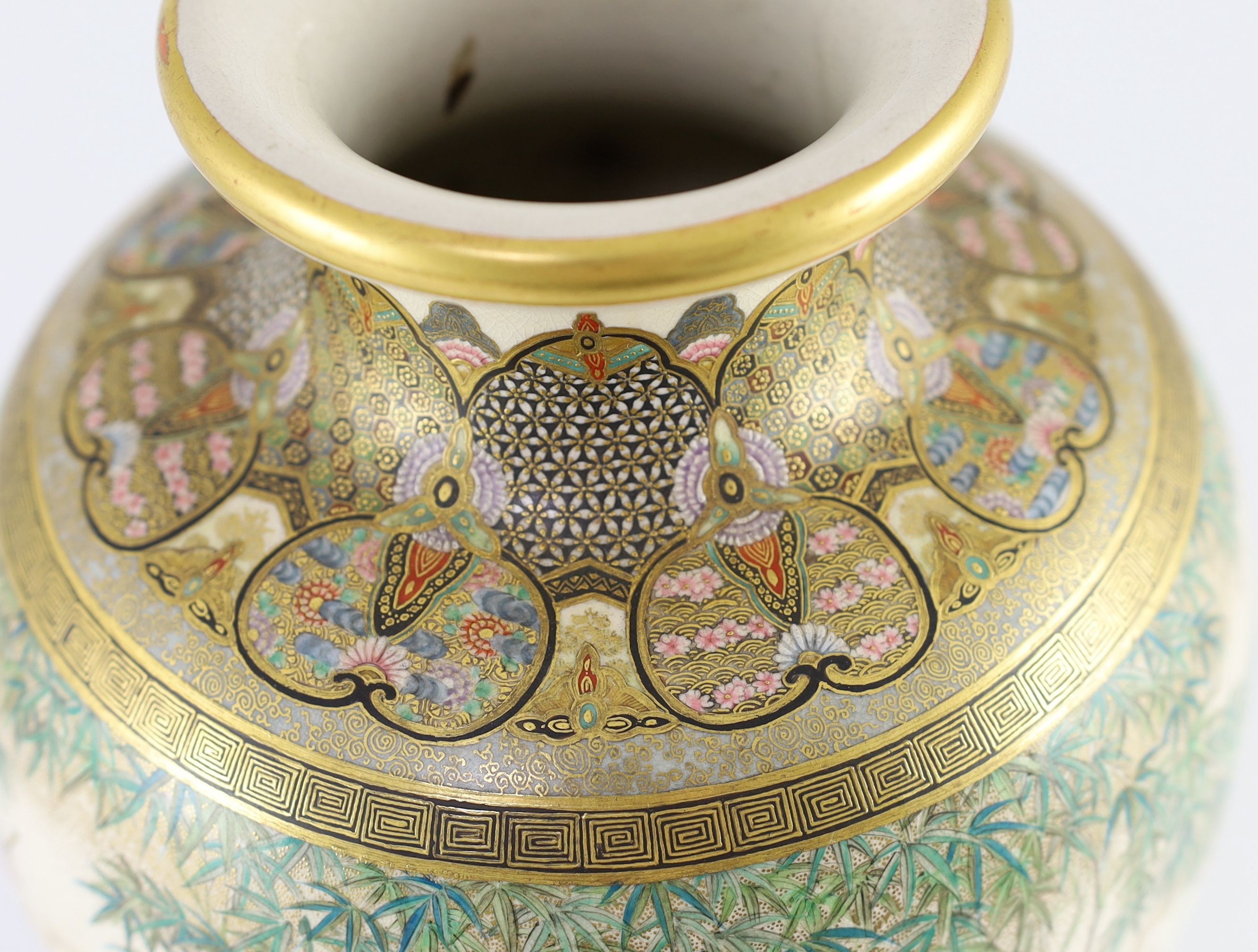 A fine Japanese Satsuma pottery vase, signed Takezan, Meiji period, 31cm high